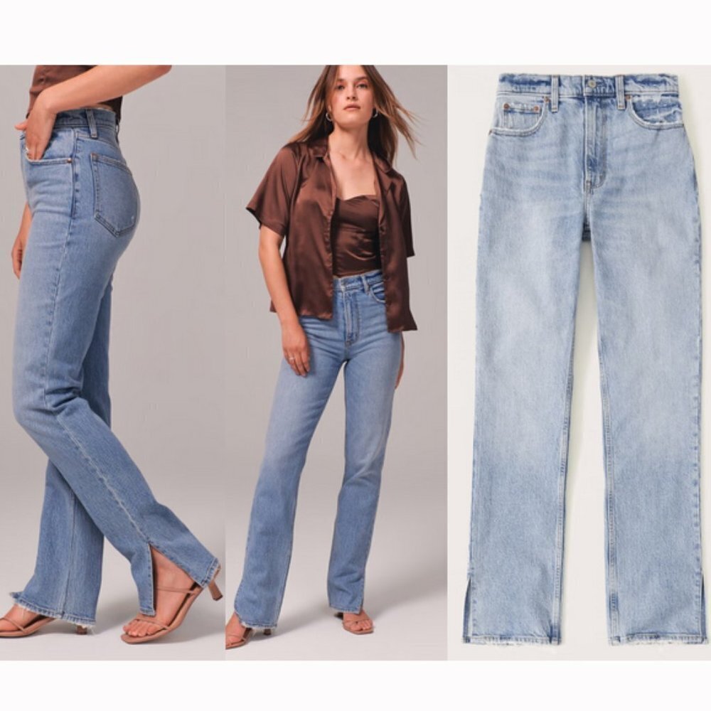 A&F Ultra High Rise Slim Straight Jean sz 28 S SHORT Light Wash Vent Side Split